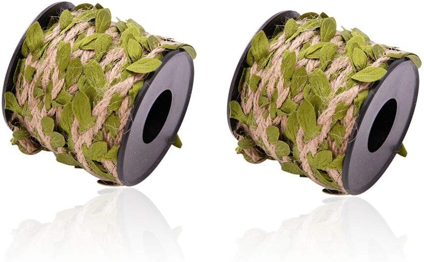 Burlap Leaf Ribbon 2 Rolls 66 Feet Total 5mm Natural Jute Twine with Artificial Green Leaves Braided Decorated Vine for Jungle Safari Party Wedding Garden Home Decor