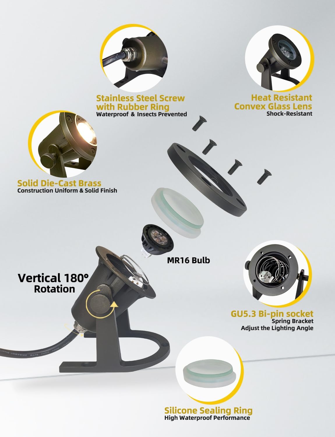 COLOER Brass Underwater Lights(Bronze) 4 Pack with LED MR16 Bulb 12V Low Voltage Fountain Lights IP68 Waterproof Copper Outdoor Landscape Lighting for Swimming Pool Ponds or Outside Water as Spotlight