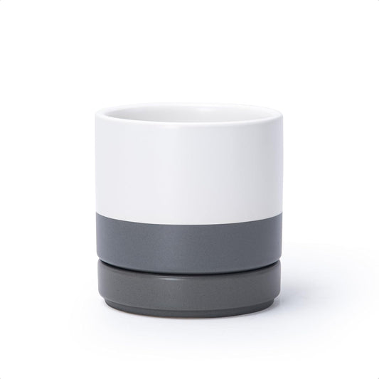 D'vine Dev 4.7 Inch Ceramic Planter Pot with Drainage Hole and Saucer, Indoor Cylinder Round Planter Pot, White/Speckled Grey, 94-O-B-6
