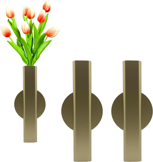 Self Adhesive Wall Vase Metal Tube Decoration Holder Used to Display Dried Flower, Faux Flowers, Fake Flowers, Also Suitable for Cemetery Memorial Decoration (2 PCS Gold)