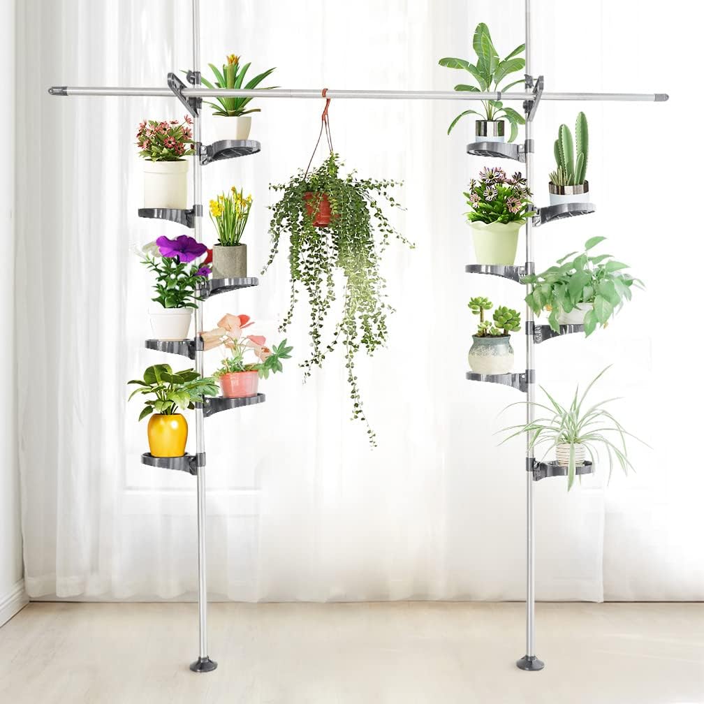 Hershii Expandable Plant Stand Double Tension Poles Holder Indoor Metal Flower Display Racks Floor to Ceiling Tall Decorative Storage Shelf with 12 Trays, 2 Arms & 1 Hanging Rod - Grey