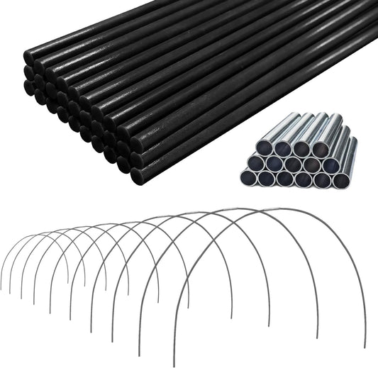 Garden Greenhouse Hoops Kit 15 Sets -2-Section Design, 8ft Grow Tunnels Poles Plant Raised Beds, 30 Pcs 4ft Solid Fiberglass Support Stakes 15 Metal Connectors -Quick Assembly No Loose Parts (Black)