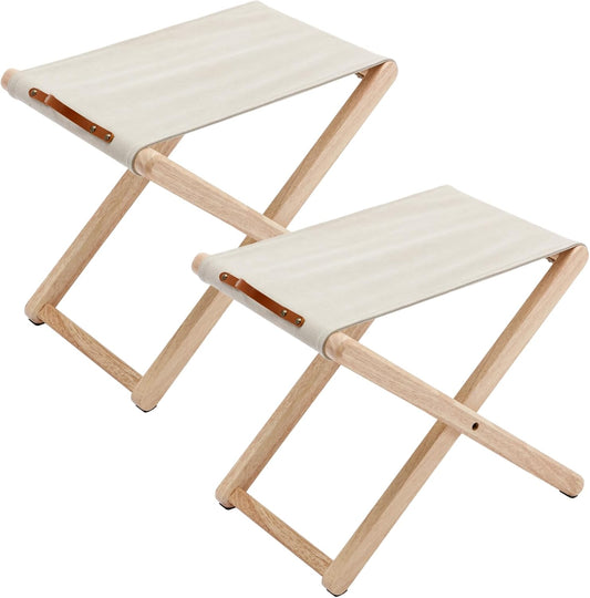 Folding Camping Stools Set of 2, Canvas Folding Stool with Wood Legs Portable Camp Stool Chairs for Outdoor Fishing Picnic Travel BBQ, Beige