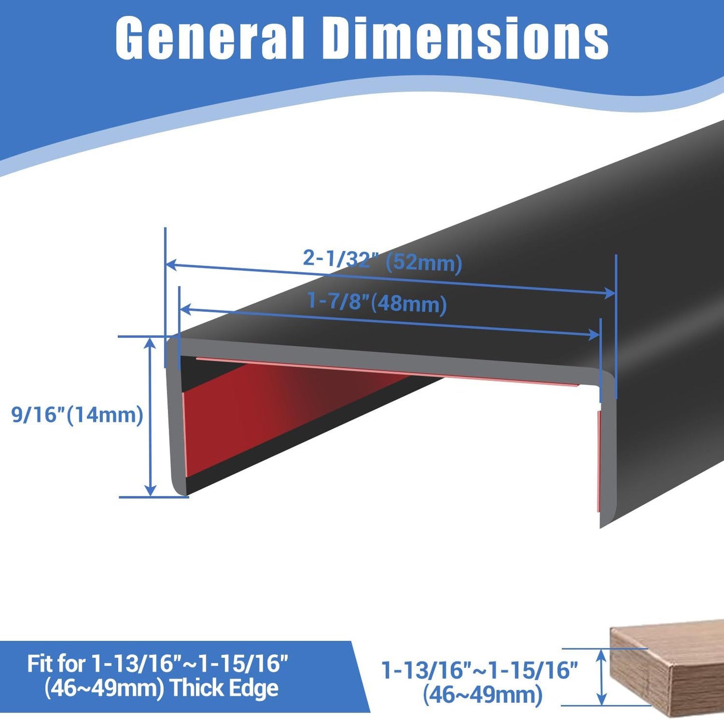Rubber Edge Trim, Self-Adhesive U Shaped Edge Protector for Plywood, Cabinet, 1-7/8" Wood Edge Banding, Flexible Furniture Repair, EPDM Material, Fit 1-7/8"(48mm), Length 10Ft, Black