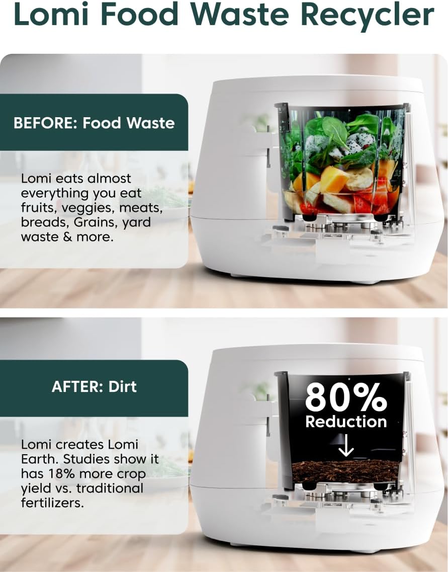 Lomi 1.3 – 3L, Electric Composter (45 Cycles), World’s First Smart Waste That Turns Waste into Natural Fertilizer with a Single Button, Indoor Compost - Kitchen Food Recycler (White, Lomi 1.3)