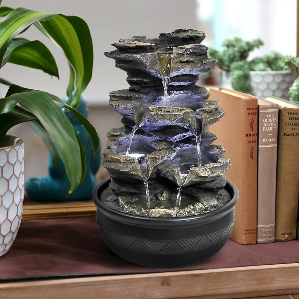 15.7” High Rock Falls Tabletop Water Fountain with LED Lights - Indoor 5-Tier Cascading Fountain for Home and Office Decor (Gray_3, 15.7" high)