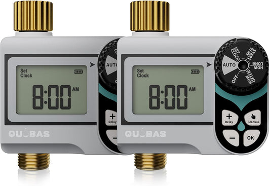 [2 Pack] QUOBAS Low Pressure Water Timer for Garden Hose, Automatic Sprinkler Timer with Brass Inlet & Outlet, Rain Delay/Manual Watering/Automatic Watering System for Yard, Lawn, and Rain Barrel