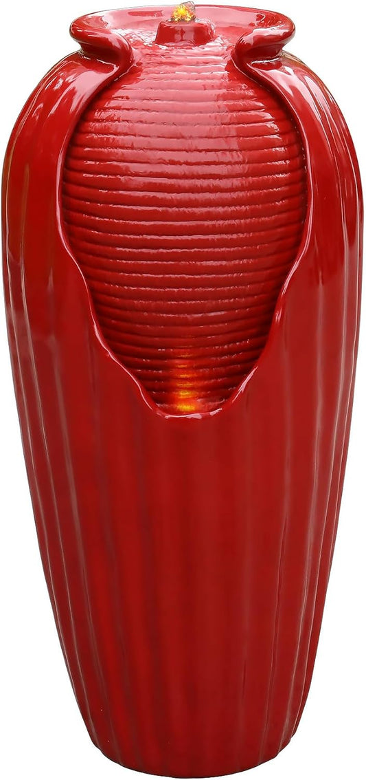 Teamson Home Glazed Vase Floor Freestanding Water Fountain with LED Lights and Pump for Outdoor Patio Backyard Deck Plant Garden Décor, 32 Inch Height, Red