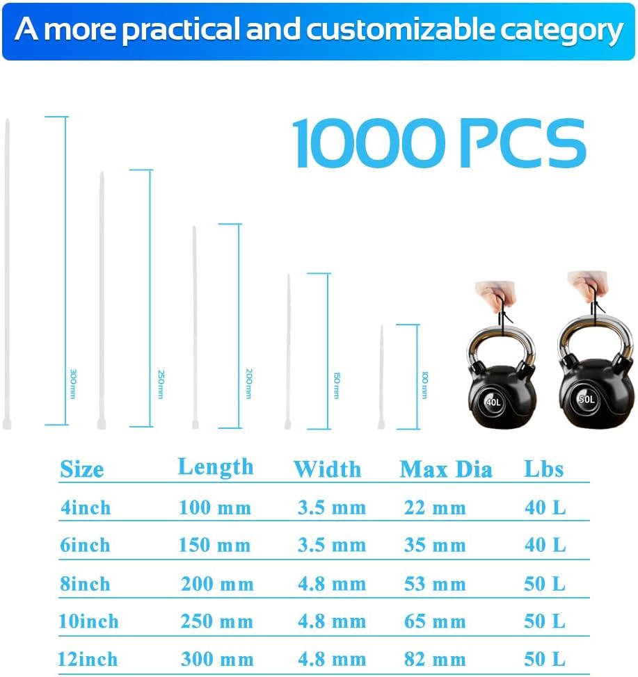 1000pcs 6Inch White Cable Tie,Nylon Zip Ties,Industrial Grade, 40 Pounds Tensile Strength, UV Resistant,Heavy Duty,for Home,Garden Trellis,Office,Garage and Workshop