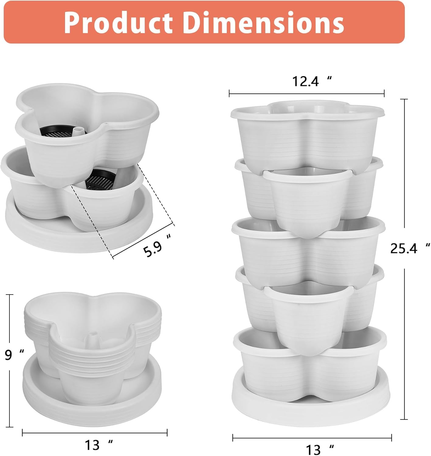VECELO 5 Tier Vertical Garden Planter, Self Watering Stackable Planters with Wheels for Strawberries, Herbs, Flowers, Vegetables, White
