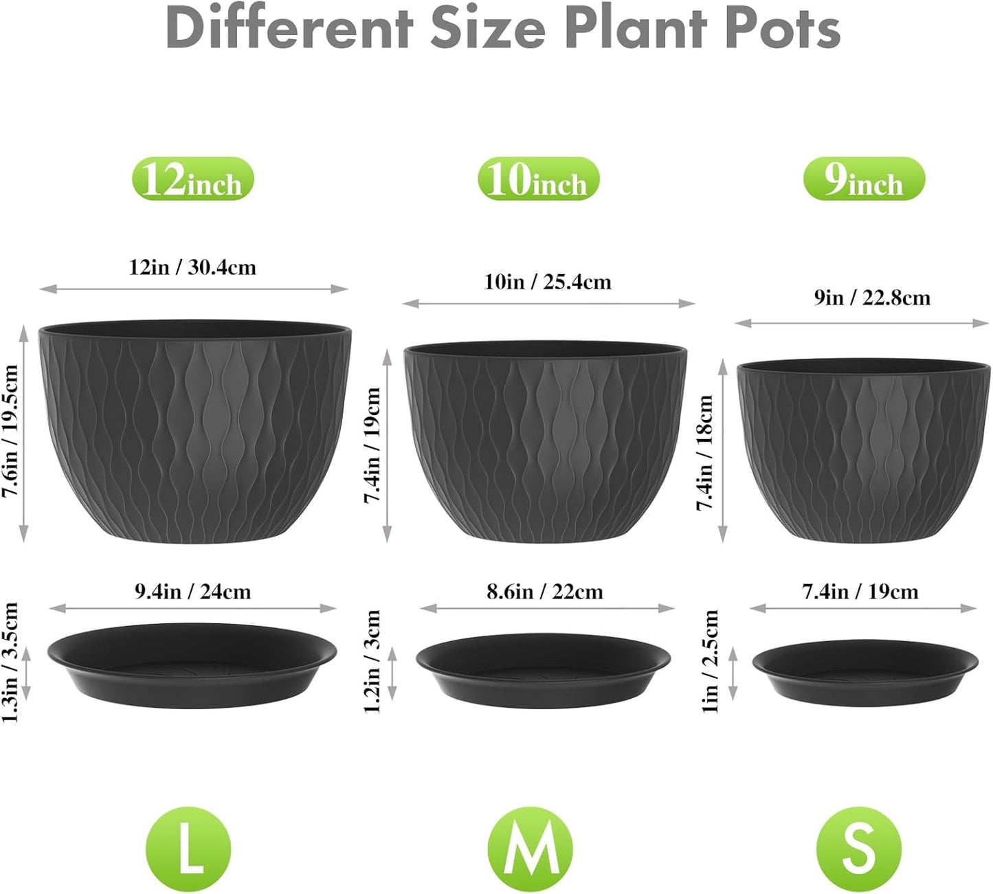 12/10/9 inch Large Plant Pots, 3 Pack Wide Flower Pots for Outdoor Indoor Plants with Water Ripples, Big Plastic Planters with Drainage Holes and Saucers for Garden House Plants, Black