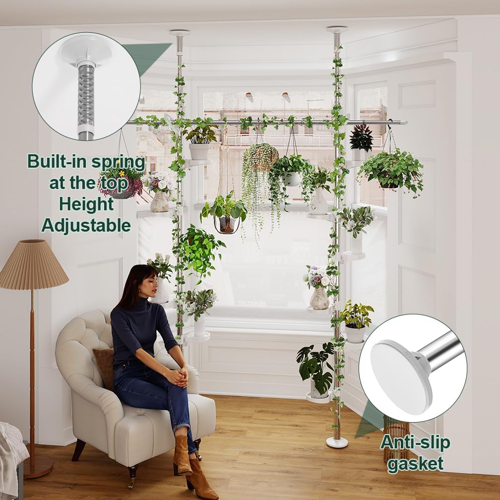 Hershii Adjustable Indoor Plant Stands Double Tension Pole Stainless Steel Flower Display Racks Holder Corner Storage Shelves with 12 Trays, 2 Hooks & 1 Telescopic Clothes Drying Hanging Rod - Ivory