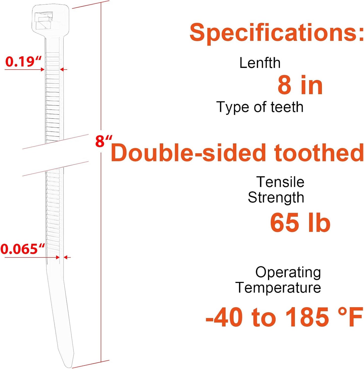 8 Inch Zip Ties Double Sided Toothed (Bulk 2X1000 Pack Black),65lbs Tensile Strength Heavy Duty Cable Wire Ties with Self-Locking Adjustable Nylon Tie Wraps for Indoor Outdoor (Patented Design)