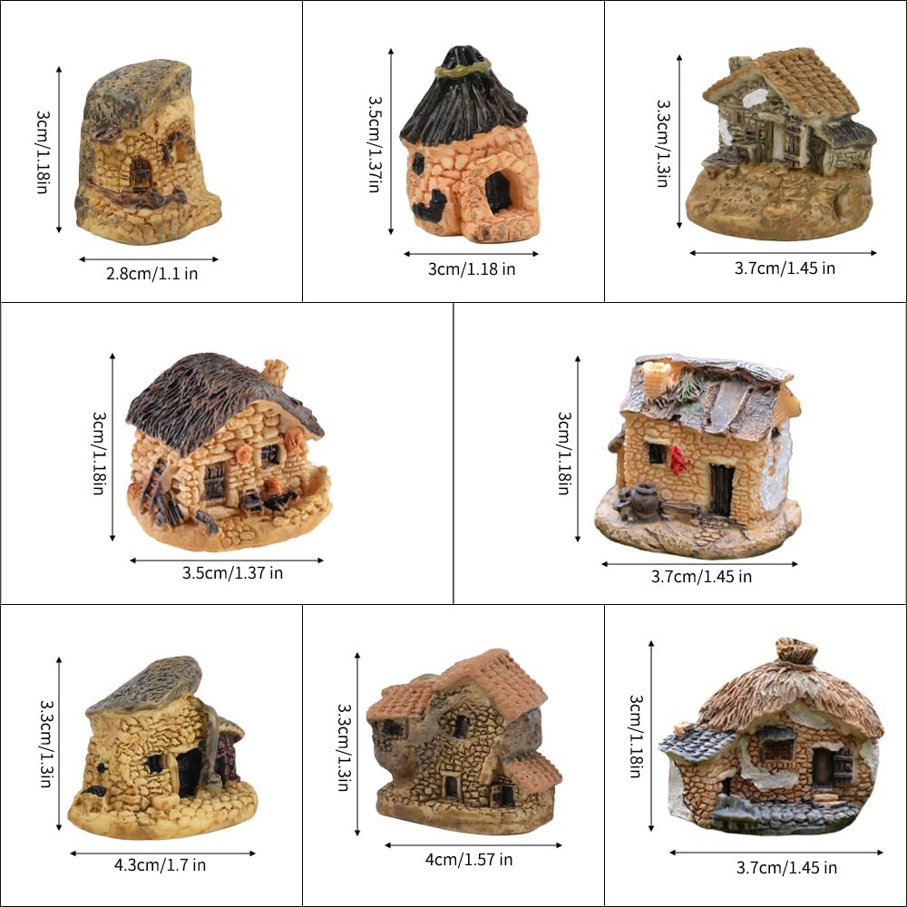 Mini House Figurine 8PCS, Mini Cottage Miniature Gardening Landscape Micro Village Stone Houses Fairy Garden Accessories for Home Decoration