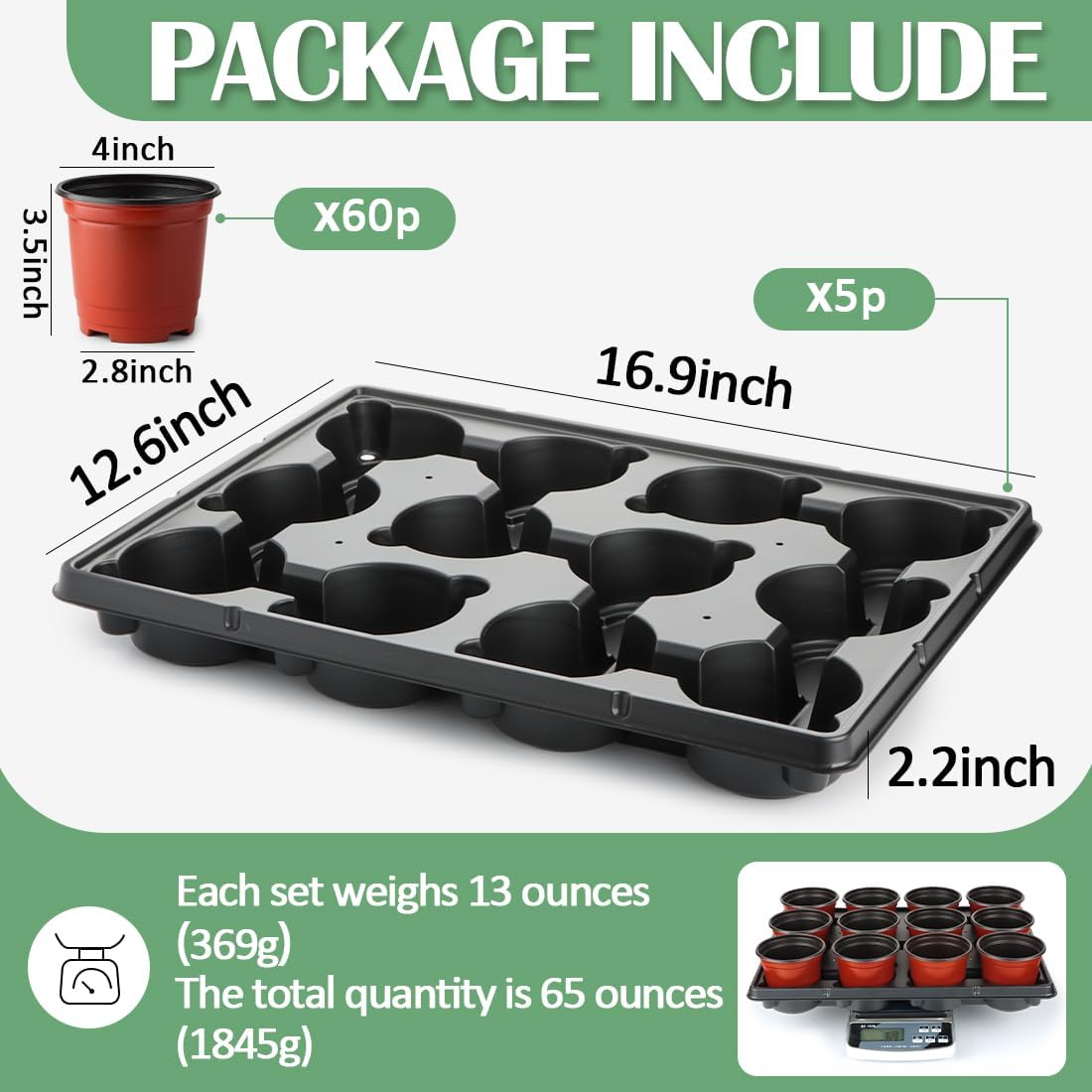 4 inch Round Nursery Pots 60pcs, 12 Cell Nursery Pots Trays 5 Pcs, Sturdy Seeds Starting Germination Shuttle Carrying Trays, Small Planter Nursery Propagation 5 Sets