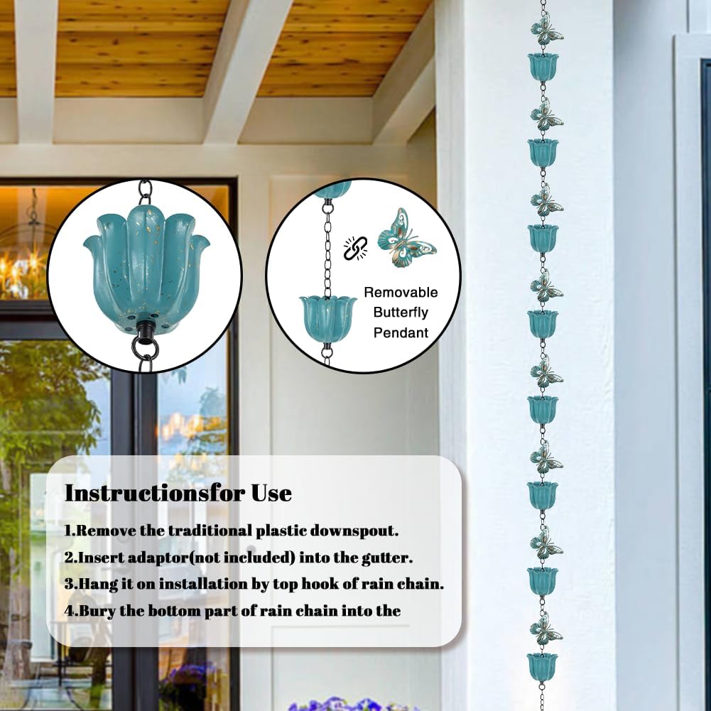 Lotus Rain Chain, 8.2 ft Rain Chains for Gutters with 10 Cups, Adjustable Rain Catcher Chains with Bell for Gutters, Eaves, Drainage, Replacement Downspout