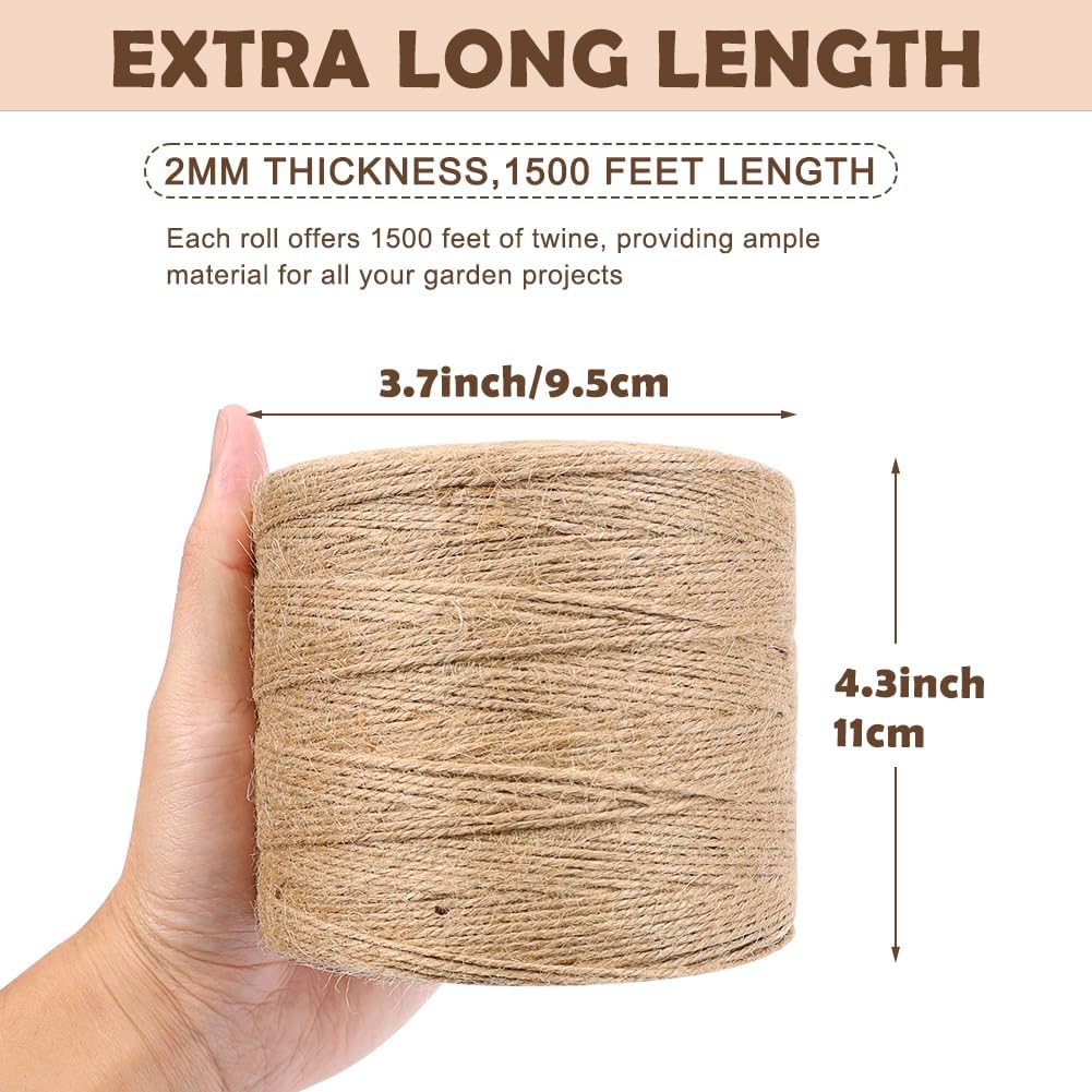 Tenn Well Natural Jute Twine, 1500 Feet 2mm Garden Twine, Brown Jute String for Arts and Crafts, Gardening, Gift Wrapping, Bundling, Recycling, Holiday Decorations