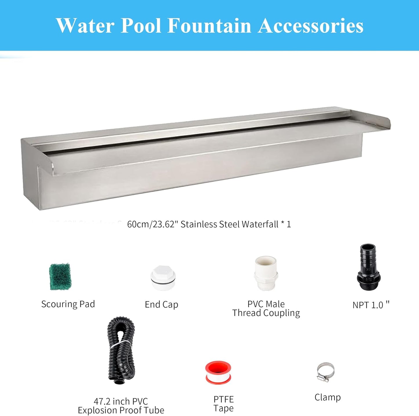 24 Inch Pool Fountain 304 Stainless Steel Waterfall Spillway with Pipe Connector Kits, Wider Water Flow Sheer Descent Platform Water Feature Fountain for Swimming Pool, Outdoor Garden Decor
