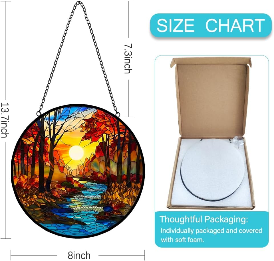 Fall Decor Sunrise Tree and River Landscape Stained Glass Suncatcher for Window Hanging - Mountains Sun Catchers Diamond Glass Panel Hangings Wall Decor - Birthday Gift for Mom Grandma Nature Lovers