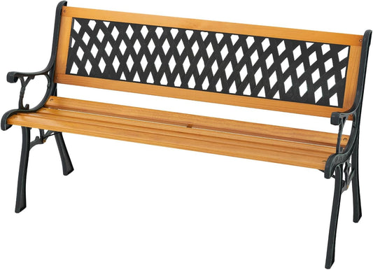 Giantex 49.5" 3-Person Outdoor Bench with Lattice Pattern Backrest, 470 Lbs Capacity, Slatted Seat, Curved Armrests, Cast Iron Metal Bench for Garden, Outside, Patio, Porch, Yard, Park