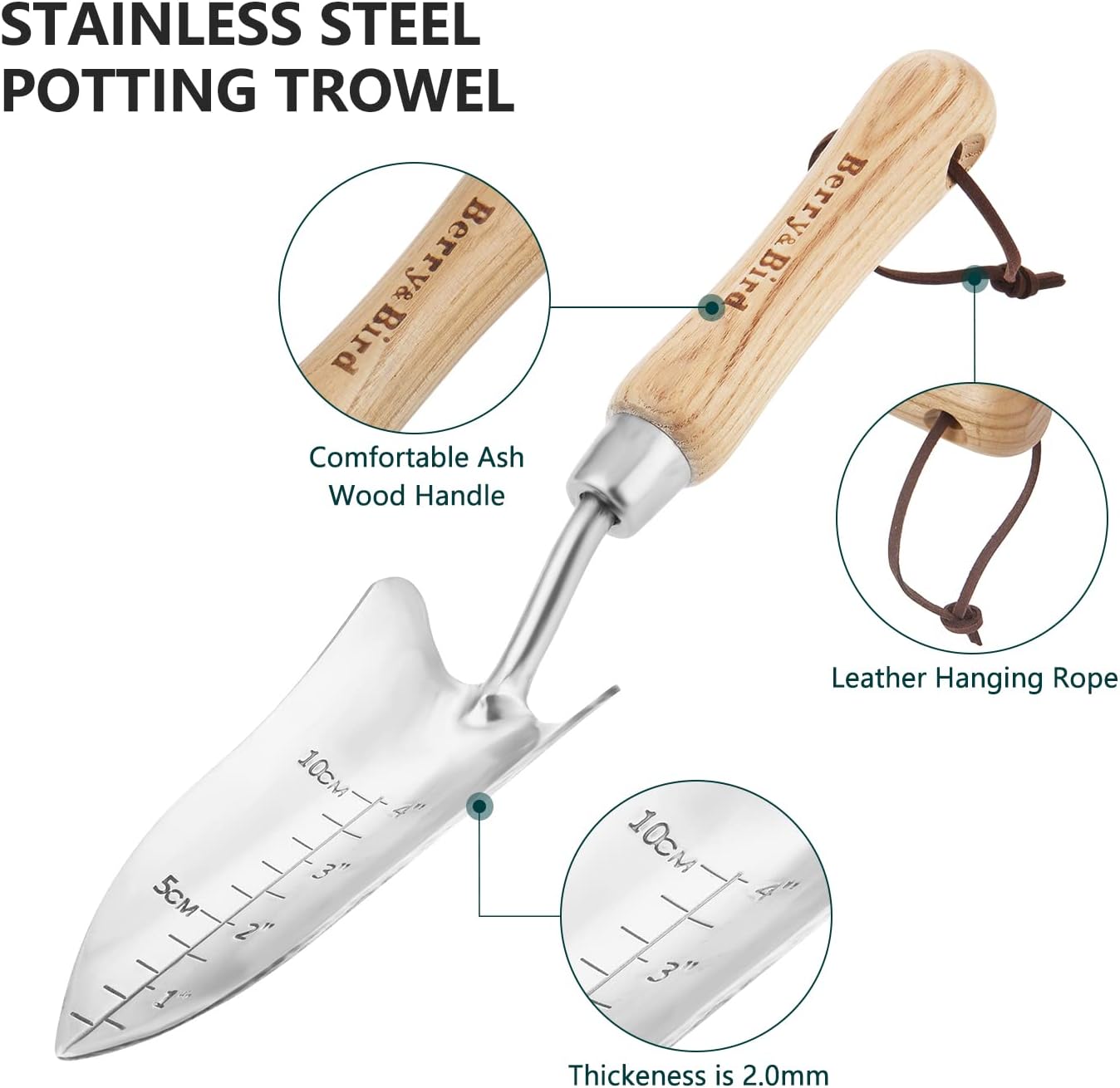 Berry&Bird Transplant Trowel with Measurements, Garden Stainless Steel Potting Hand Trowel with Wooden Handle, Small Garden Hand Shovel Transplanter Tool for Planting Digging Transplanting Gardening