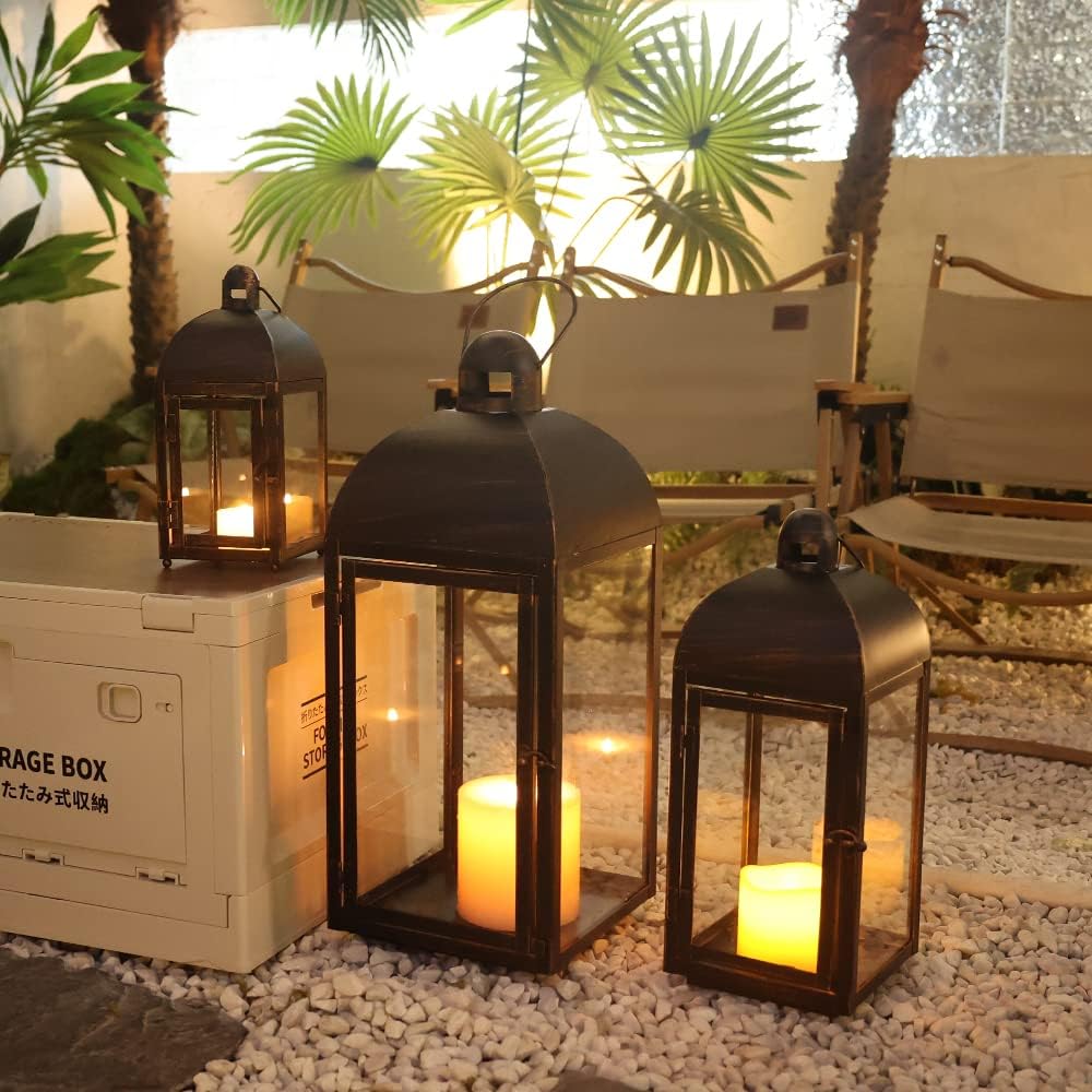 NEEDOMO Lanterns Decorative Outdoor & Indoor, Set of 3 Outdoor Lanterns for Porch, 23" Large Candle Lantern, Bronze Metal Frame with Glass, Vintage Farmhouse, Patio, Pathway, Garden, Fall, Christmas