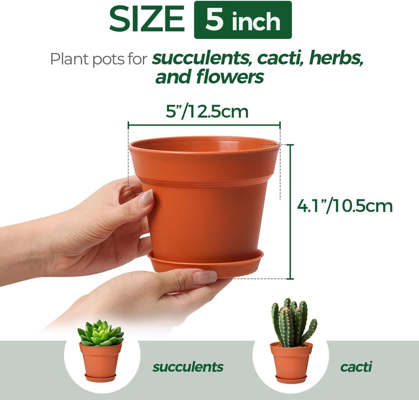 T4U 5 Inch Plant Pot 8-Pack, Plastic Pots with Drainage Hole and Saucer, Decorative Flower Pots Bulk for African Violet, Snake Plant, Succulent and All House Plants Indoor (8pcs 5" Pots)