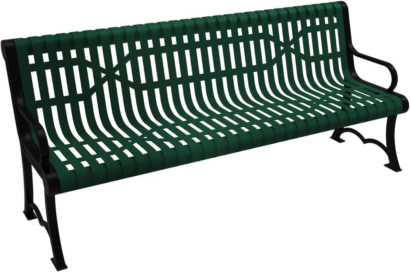 Coated Outdoor Furniture Heavy-Duty Outdoor Bench Thermoplastic Coated, Slated Steel, Commercial-Grade Garden Bench, Made in America (Portable with Back, 6 Ft, Textured Green)