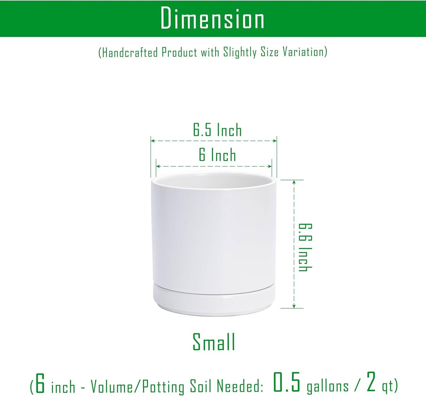 D'vine Dev 6.5 Inch Ceramic Planter Pot with Drainage Hole and Saucer, Indoor Cylinder Round Flower Pot, White, 94-O-C-1