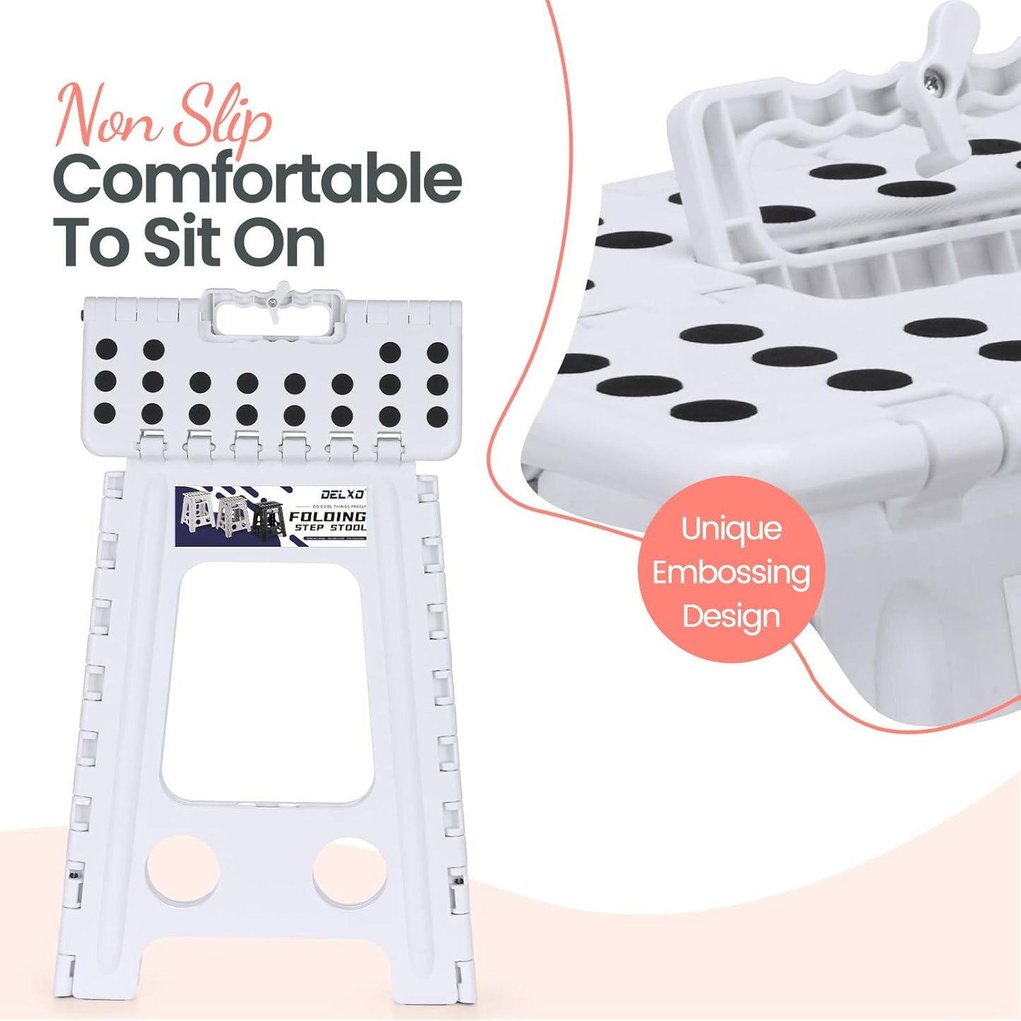 Delxo Folding Step Stool 17.5 Inch White Step Stools for Kids Foldable,Portable Collapsible Step Stool with Handle, Folding Stool for Kitchen Bathroom,Bedroom,Garden