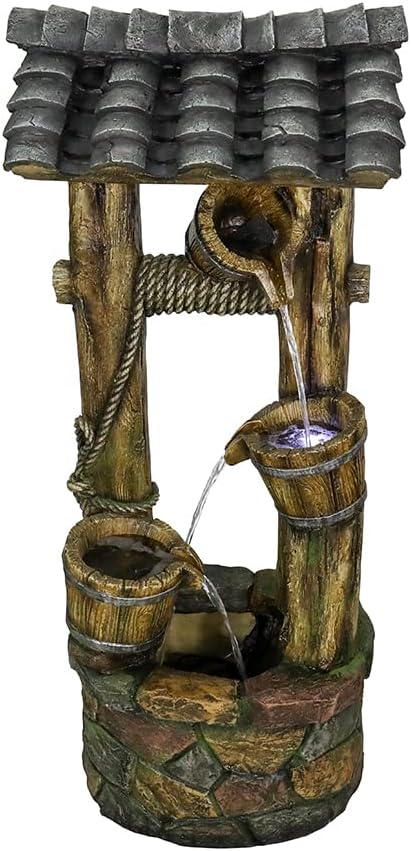 Wishing Well Water Fountain, 39.3inches Rustic Outdoor Water Fountains - Outdoor Cascading Waterfall with Buckets, Pump & Lights for Backyard Patio Decor
