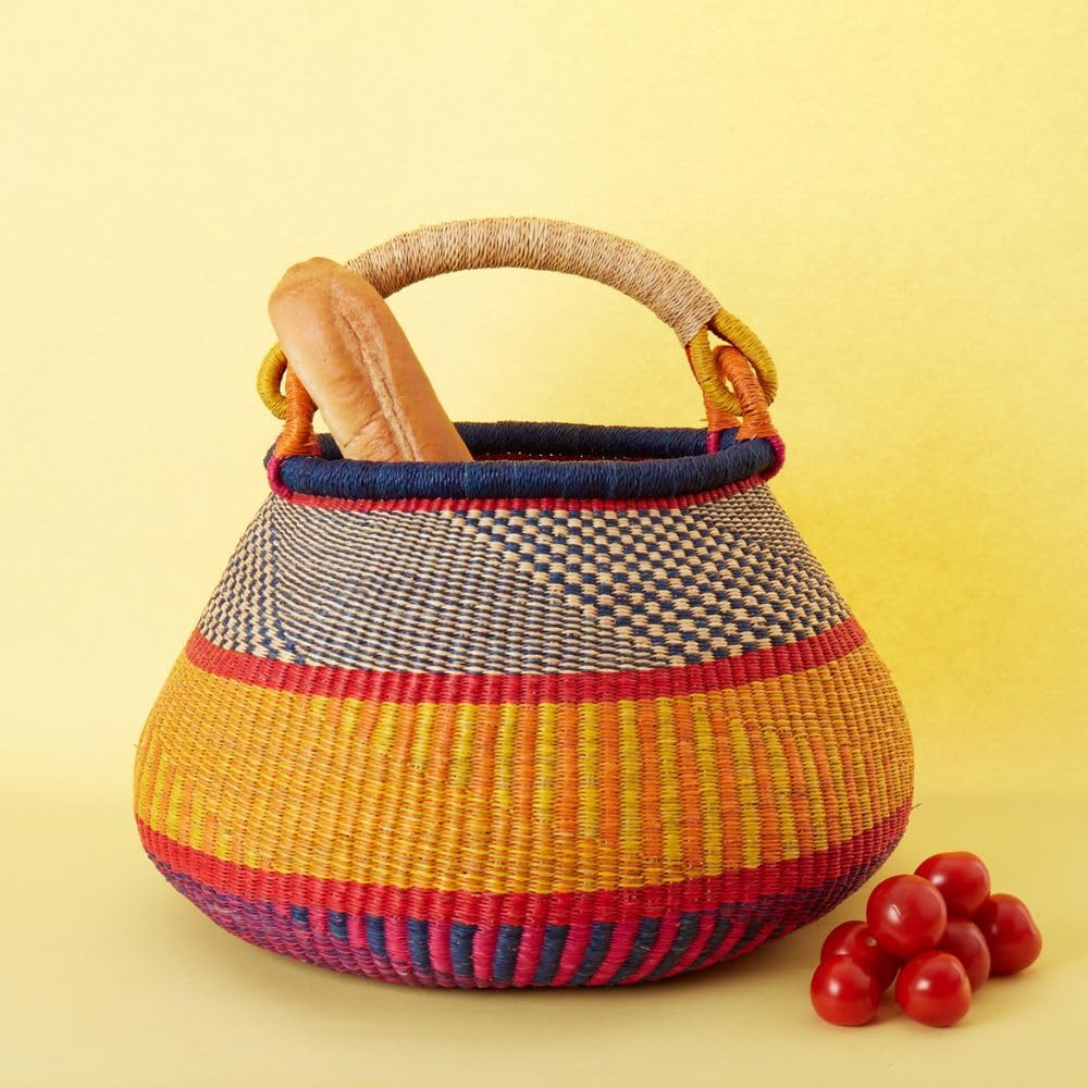 Home & Kitchen Decor, Wicker Basket, Picnic Basket, Living Room Basket, Organizing, Harvesting, Foraging, Fruit Storage, Hand Woven, Pot Shape, 16" Wide, Boho - Red Blue