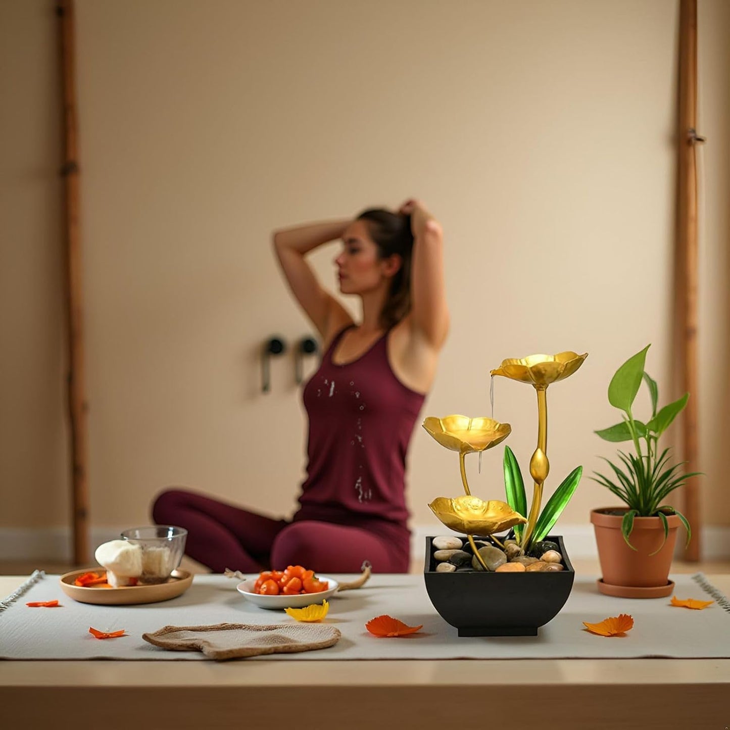 Gold Tabletop Water Fountain, Desktop Waterfall, Indoor Lotus Desktop Decorative Fountain, Home Bathroom Bedroom Decor.