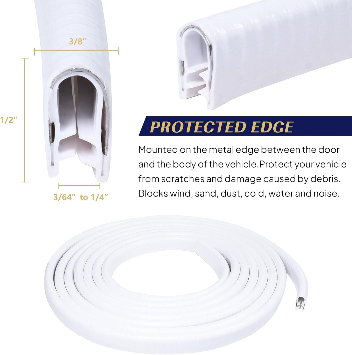 Edge Trim White U-Channel Rubber Trim Edge with Metal 1/2" X 3/8" - Fit Gap 3/64" to1/4 Car Door Edge Sealing Strip, PVC Weather Stripping with Steel, Metal Edge Protector, 26FT
