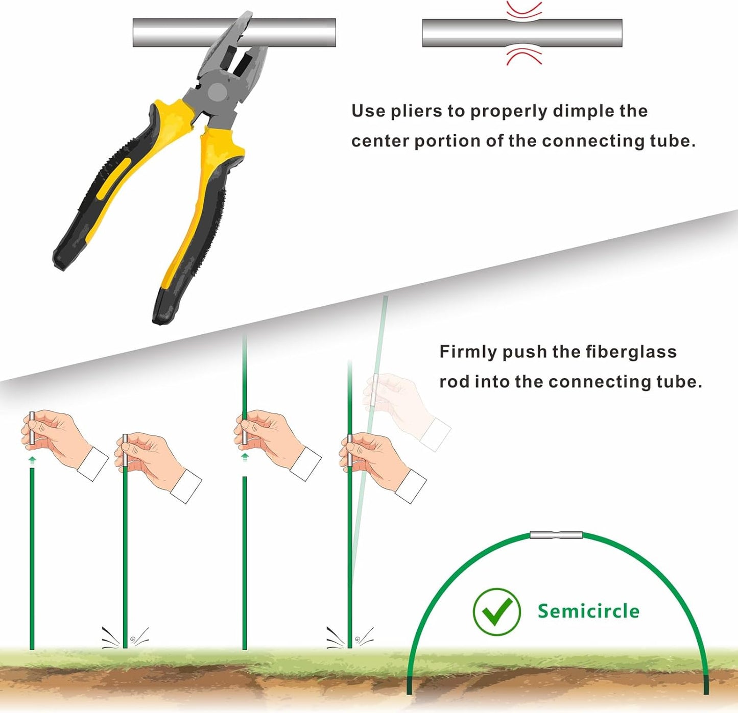 Garden Greenhouse Hoops Kit 15 Sets -2-Section Design, 8ft Grow Tunnels Poles Plant Raised Beds, 30 Pcs 4ft Solid Fiberglass Support Stakes 15 Metal Connectors -Quick Assembly No Loose Parts (Black)