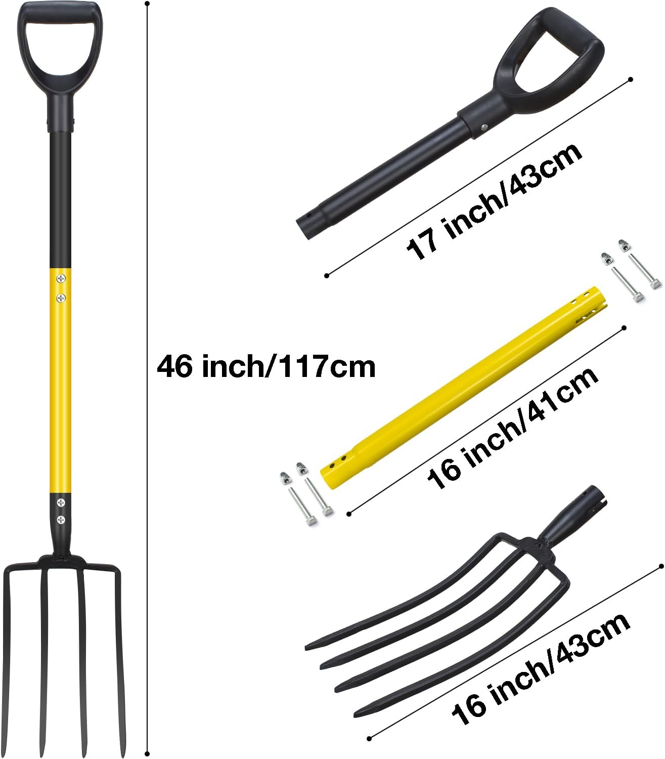 Pitchfork, Steel Tines, Manual Hay Fork, Pitchforks for Gardening Digging Composting Spading,4Tines Garden Fork witn Fiberglass Handle,46Inches (Black)
