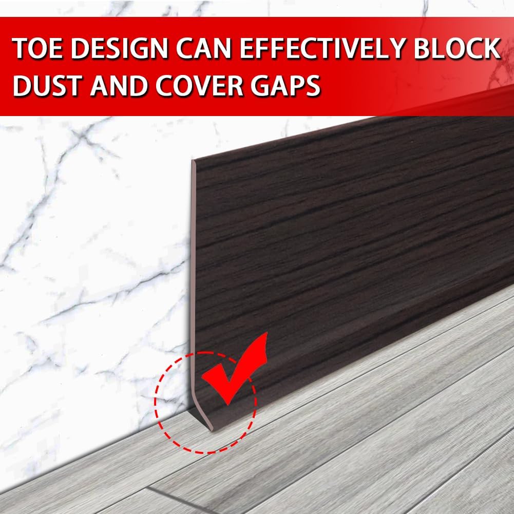 FONUNO Vinyl Wall Base Baseboard Molding Trim 4" Flexible Self Adhesive Rubber Wall Base Moulding Trim Peel and Stick Design, 4 Inch x 60 Feet, Black Walnut Wood Grain