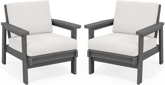 SERWALL HDPE Outdoor Couch Set of 2, All-Weather Wood-Like Outdoor Patio Furniture Set, Outdoor Sofa Chairs with Khaki Cushions