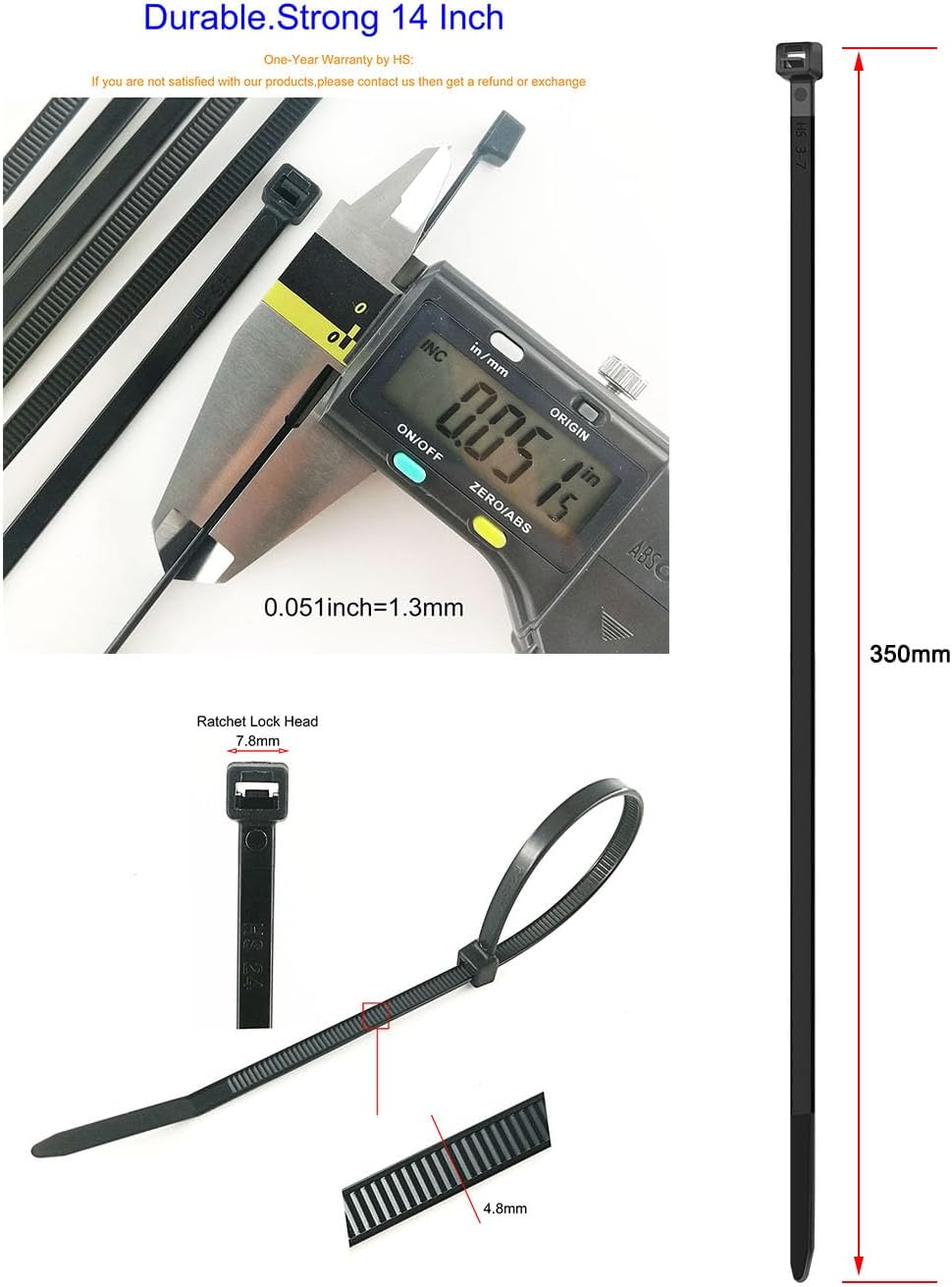 HS 14 Inch Plastic Wire Zip Ties UV Resistant for Fencing Camping Outdoor Purpose 100pcs,50 LBS Strength Heavy Duty Long Cable Tie Wraps 14" Black