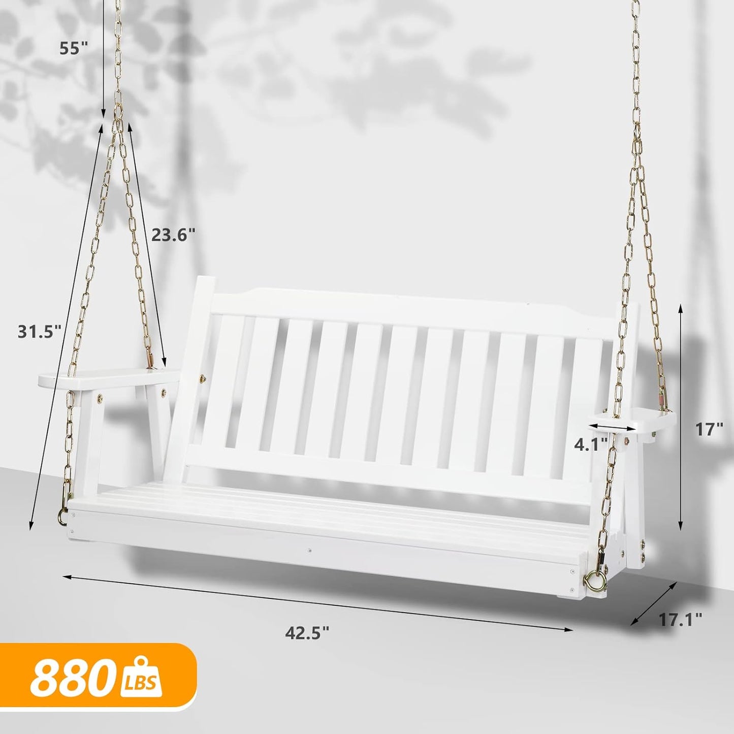 VINGLI Heavy Duty 880 LBS 4 FT Outdoor Porch Swing, Patio Hanging Swing Bench for Yard, White