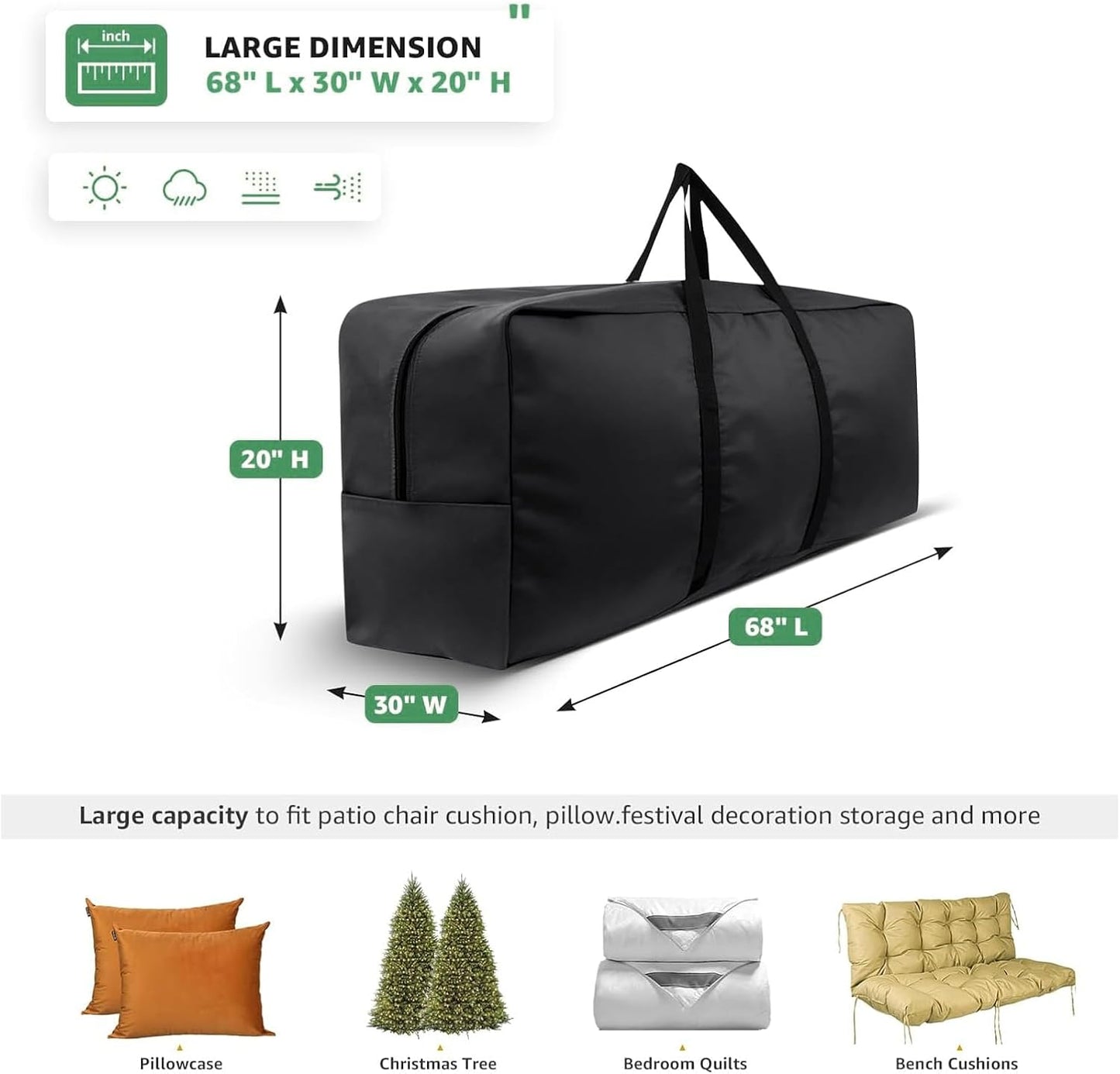 420D Waterproof Garden Cushion Storage Bag - 68" Rectangular Outdoor Patio Bag With Zipper and Handles - Extra Large 68" L x 29" H x 20" W Black