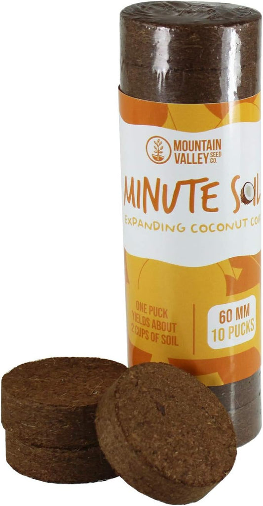 Minute Soil - Compressed Coco Coir Fiber Grow Medium - 60 MM Disks - 10 Pack = 5.5 Quarts of Potting Soil - Indoor Container Gardening: Seed Starting, Plants, Herbs, More - Just Add Water - OMRI