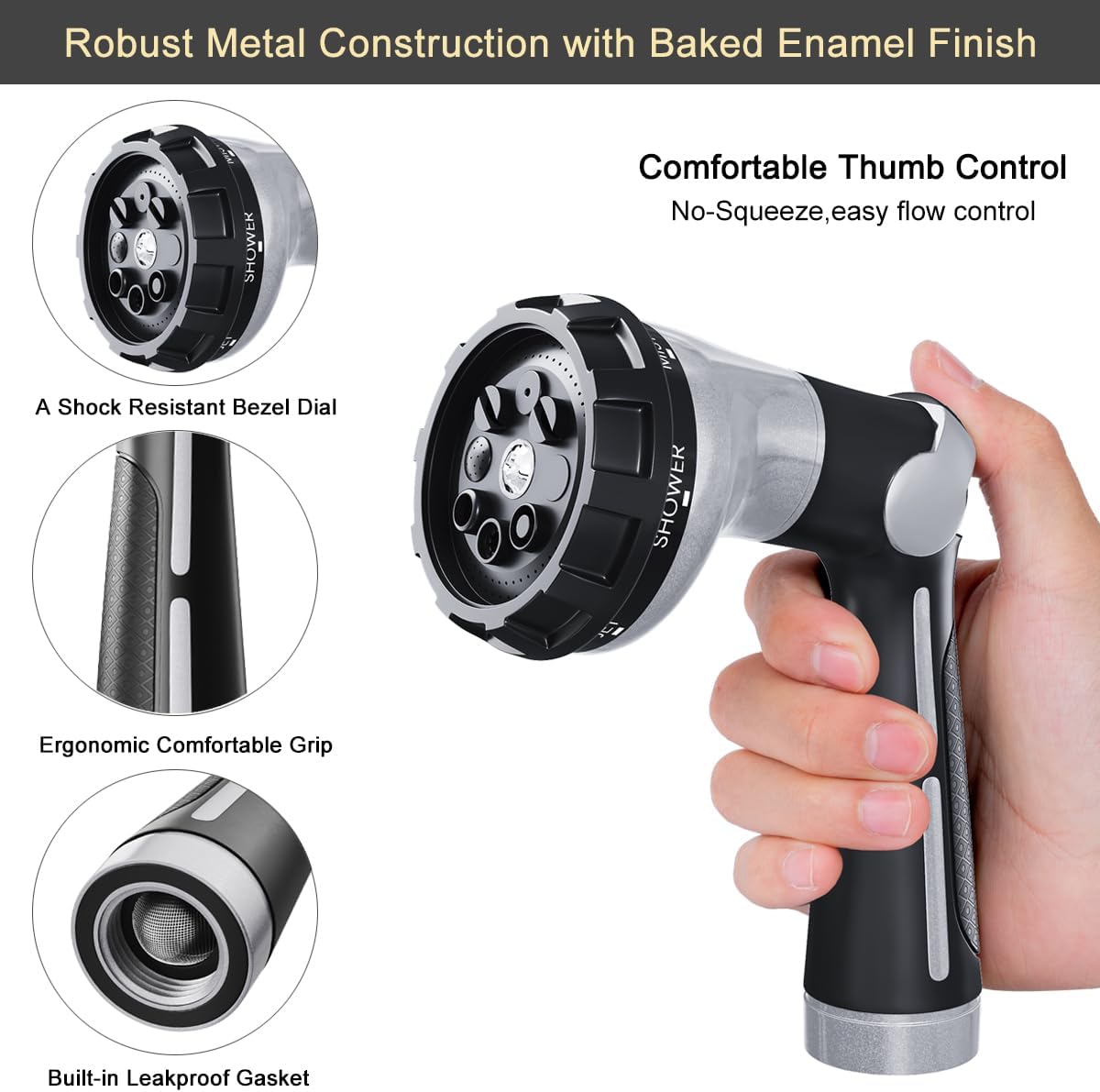 FANHAO Garden Hose Nozzle Heavy Duty, 100% Metal Water Hose Sprayer with 8 Spray Patterns, High Pressure Spray Nozzle Thumb Control On Off Valve for Lawn & Plant Watering, Car & Pet Washing - Silver