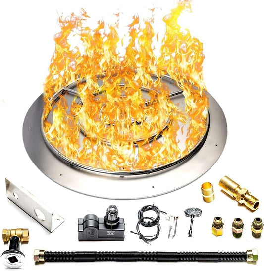 Stainless Steel Fire Pit Burner Pan & Ring Standard Kit with Spark Ignition for Liquid Propane, 36-Inch Pan, 30-Inch Ring, 250,000 BTU Max