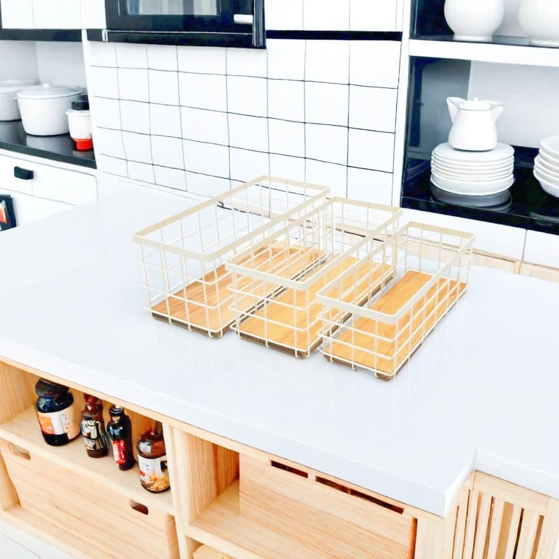 TIEYIPIN Farmhouse Decor Metal Wire Storage Baskets, Wood Base Containers Organizing Basket Caddy Bin for Kitchen Cabinets, Bathroom, Pantry, Garage, Laundry Room, Closets - Cream White (Set of 3)