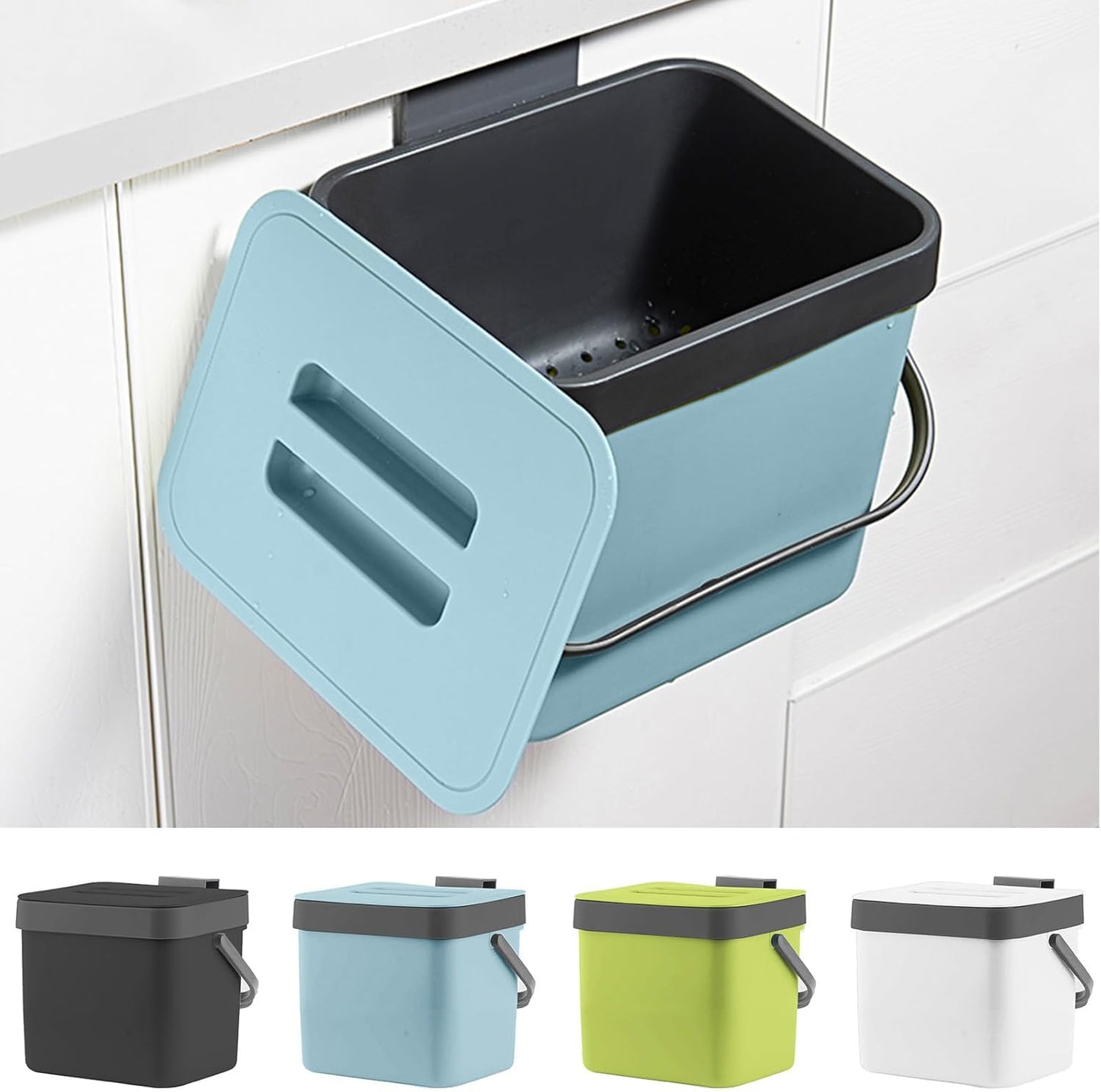 Compost Bin Kitchen, LALASTAR 7L Wall-Mounted Under Sink Small Garbage Can for Kitchen, Odor-Free Food Waste Basket Bin, 1.8 Gallons, Blue