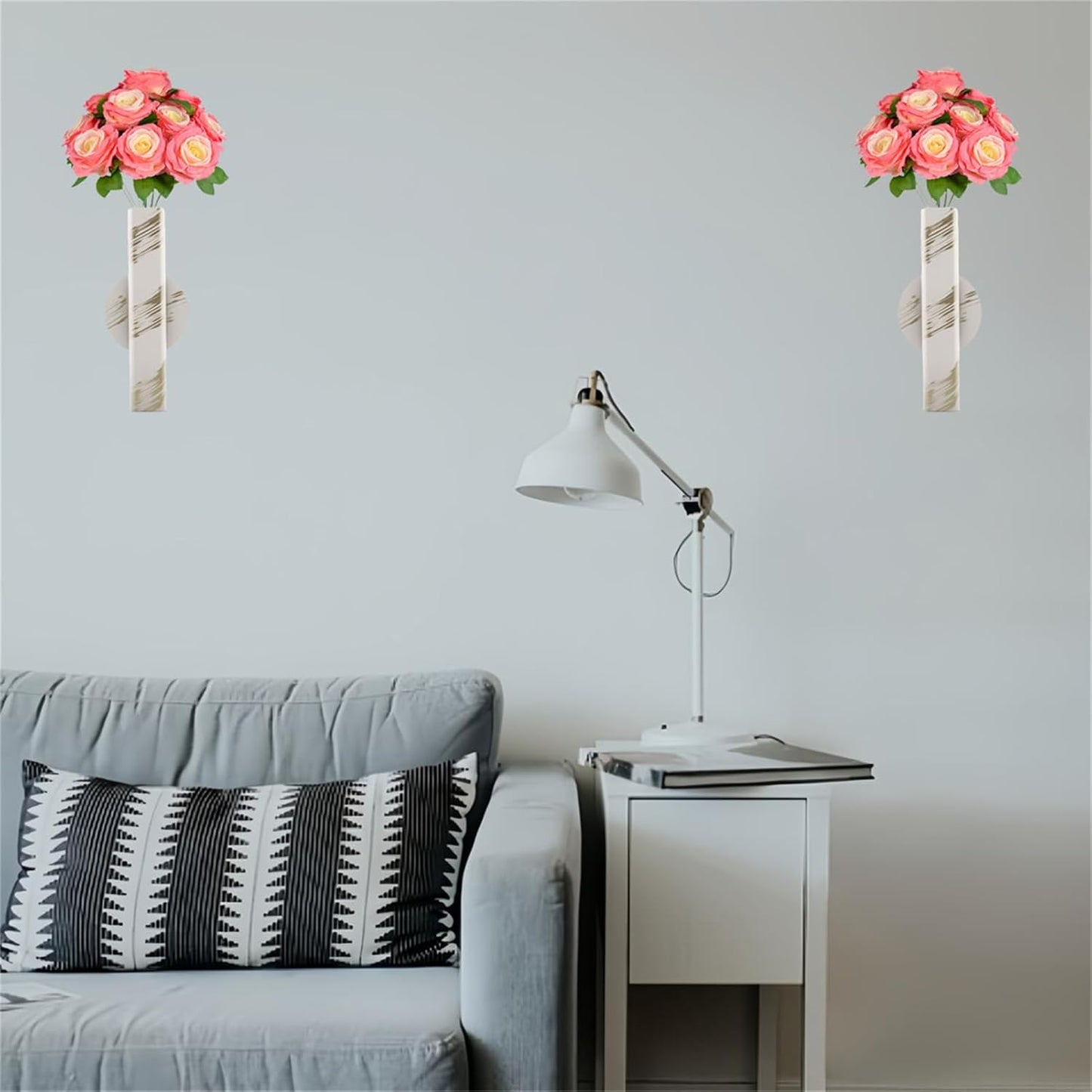 Self Adhesive Wall Vase Metal Tube Decoration Holder Used to Display Dried Flower, Faux Flowers, Fake Flowers, Also Suitable for Cemetery Memorial Decoration (2 Pcs White Gold Stripe)