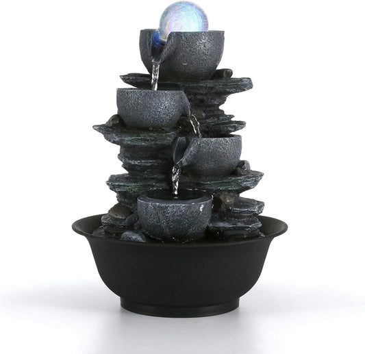 Dyna-Living Tabletop Water Fountain Indoor Waterfalls Fountains with Colored LED Light Decorative Tabletop Fountain with Automatic Pump