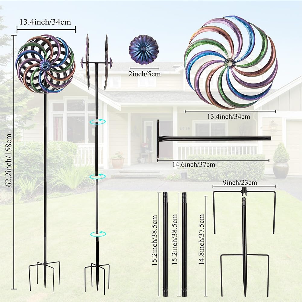 DREAMYSOUL Wind Spinner Outdoor, 13 Inches Dia Rainbow Metal Kinetic Wind Spinners, Dual Wind Spinners for Yard Garden Outside Patio Lawn Decor