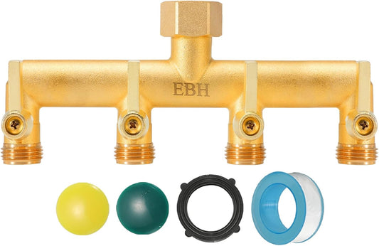 EBH Brass Garden Hose Splitter, 4-Way Heavy Duty Hose Splitter, Outdoor Faucet Manifold, with Extended Metal Handle and Individual On/Off Valve Spout, 3/4” GHT Threads